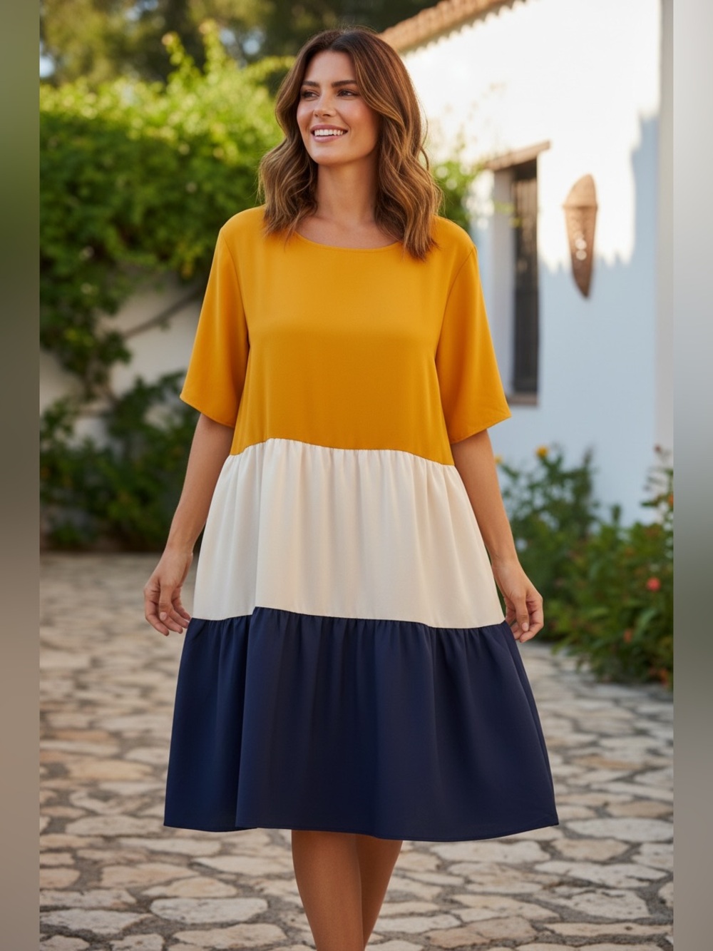 Emory rose Colorblock Tiered Dress in Mustard, Cream & Navy
